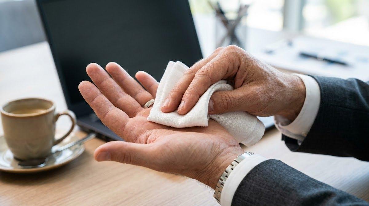 A close-up of a person gently wiping their hands with a white handkerchief at a desk.