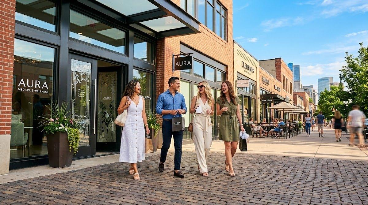 A group of elegantly dressed friends walk out of a chic med spa onto a sunny street.