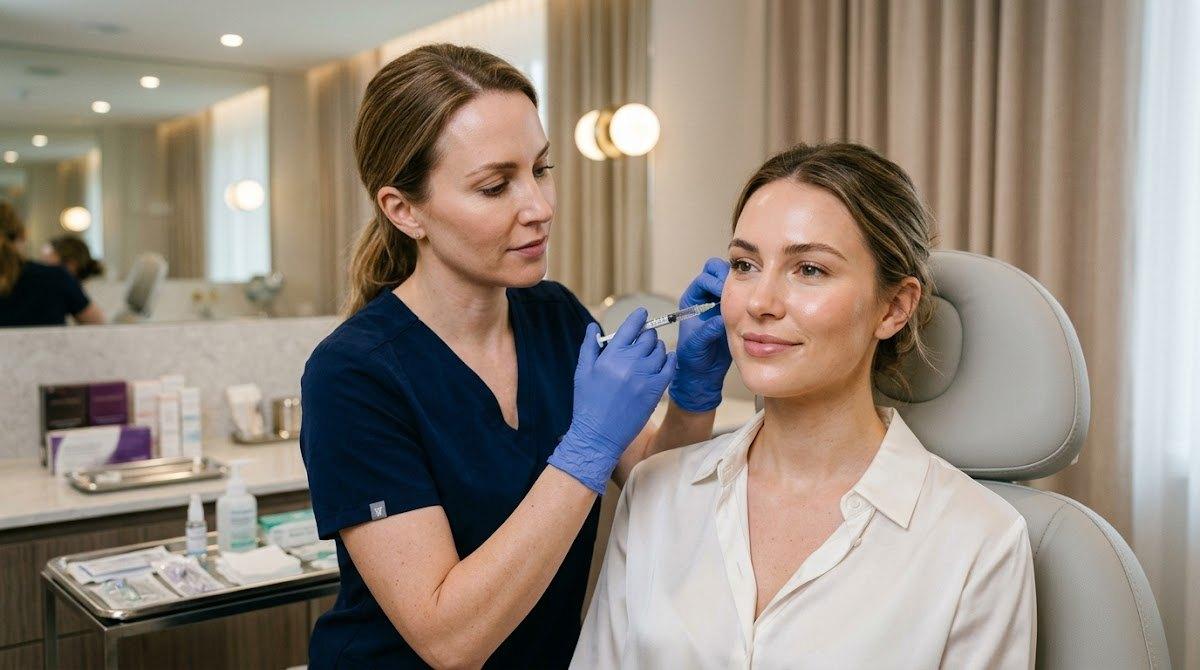 Aesthetic provider applying dermal filler to cheeks.