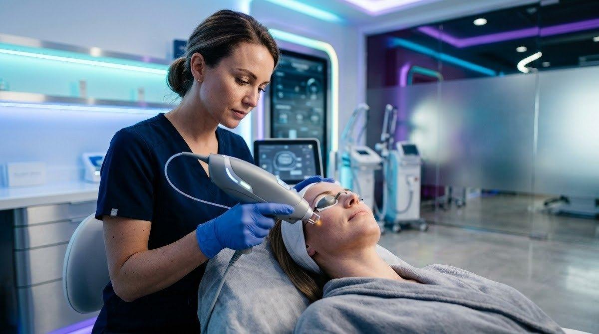 An esthetician uses a modern cosmetic laser device on a patient for skin rejuvenation.