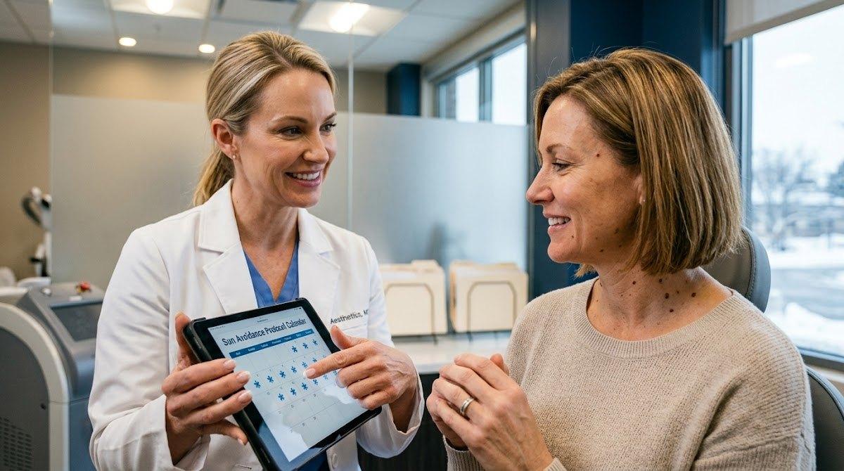 A technician and client consulting on laser treatment protocol in a clinic.