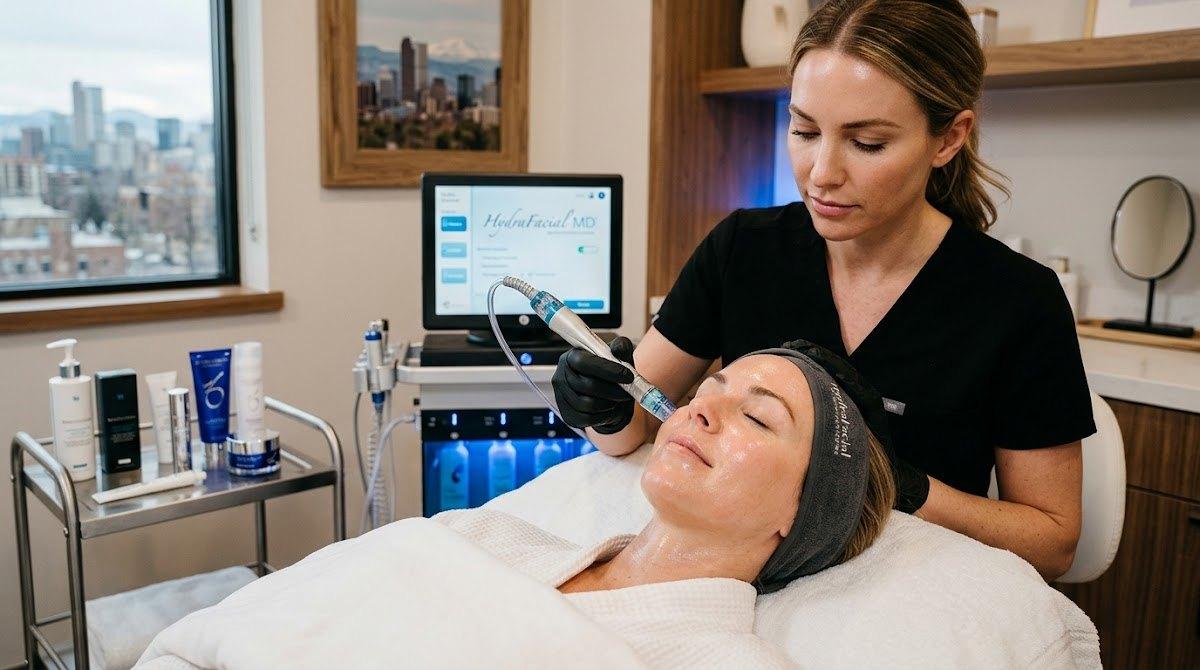 An esthetician administers a HydraFacial treatment in a med spa.