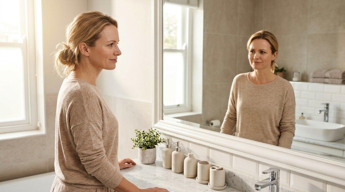 Woman checking subtle early softening of forehead lines in her mirror reflection.