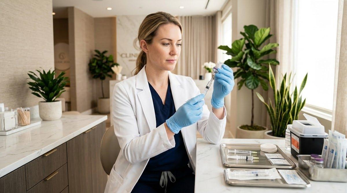 Expert carefully preparing Botox vial in a clinical spa environment.