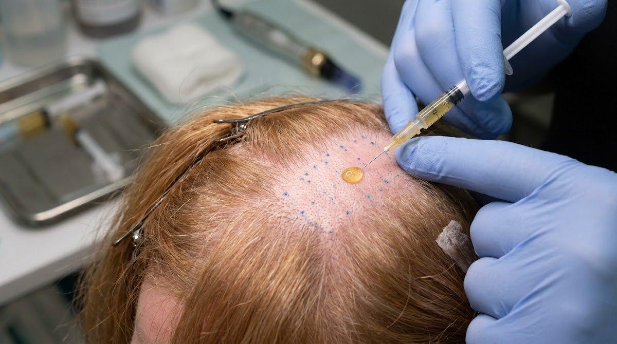 Close-up view of PRP being injected precisely into thinning scalp areas.