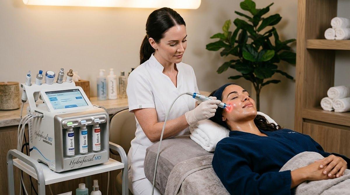 Aesthetician applying HydraFacial treatment to a client in a spa.