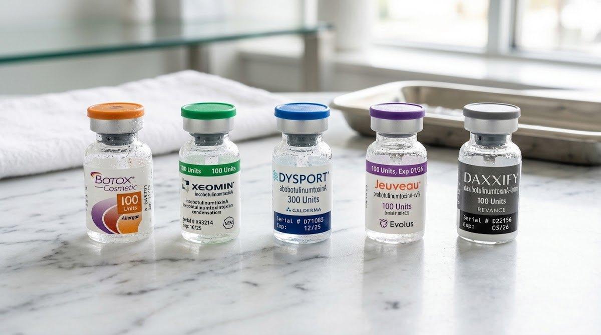 Arrangement of various neurotoxin product vials on a marble surface.