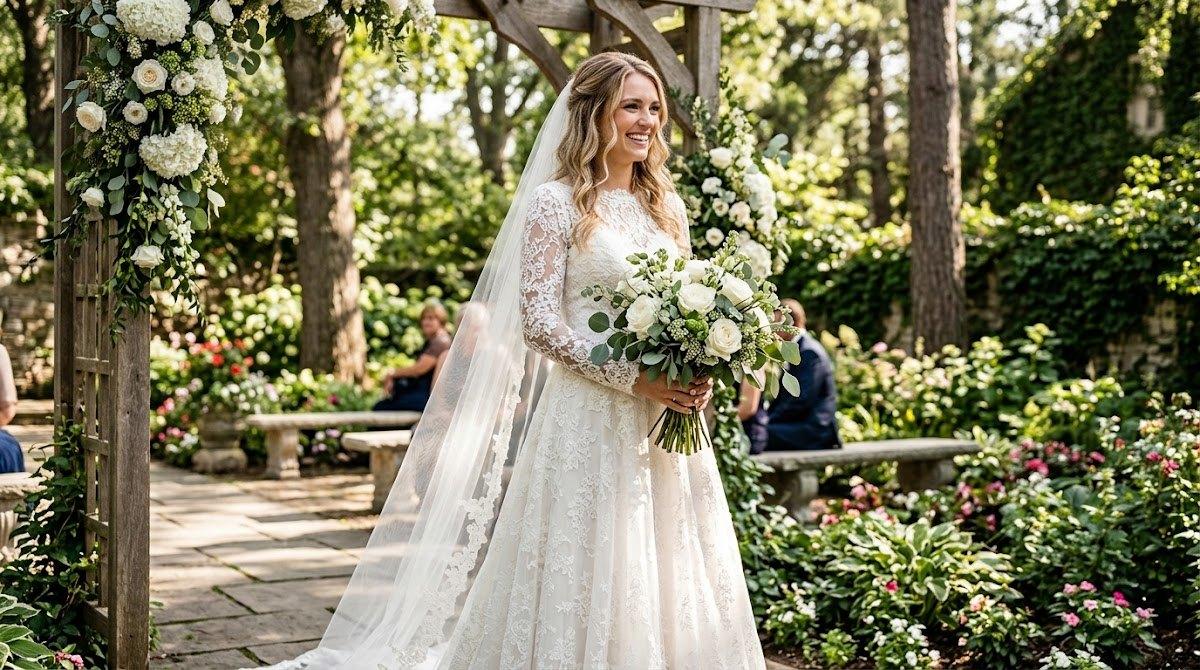 Bride with flawless youthful skin in a garden wedding setting.