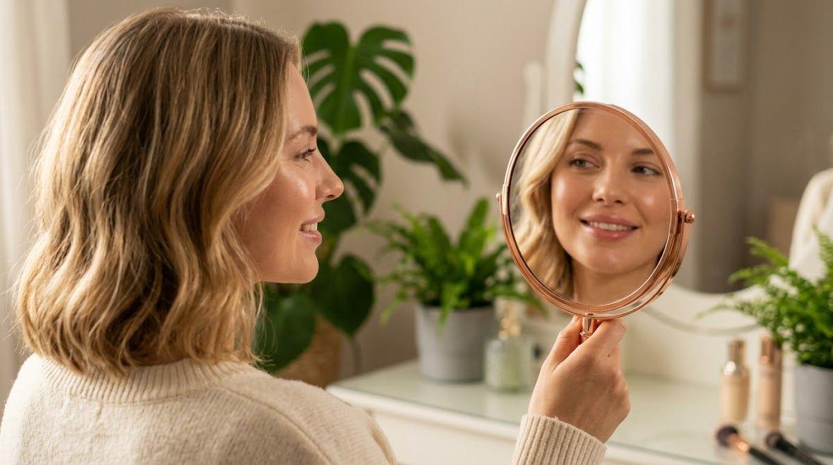 A woman happily admiring her natural-looking lips in a silver hand mirror.