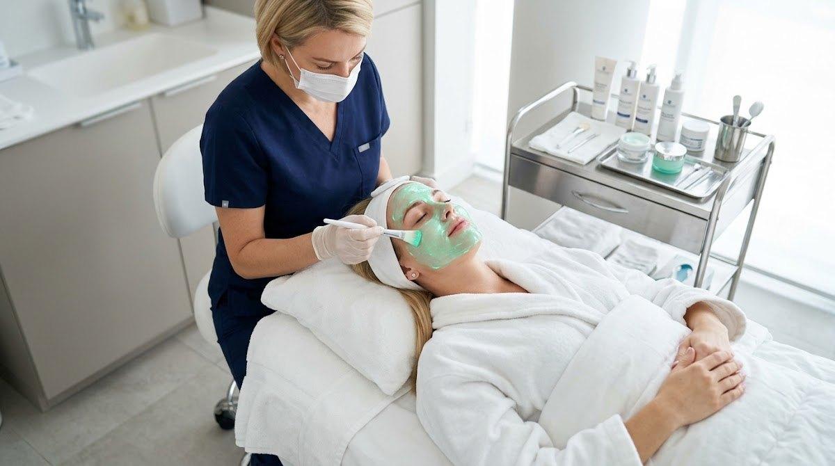 A woman receiving a professional hydrating facial mask from an esthetician in a bright med spa.