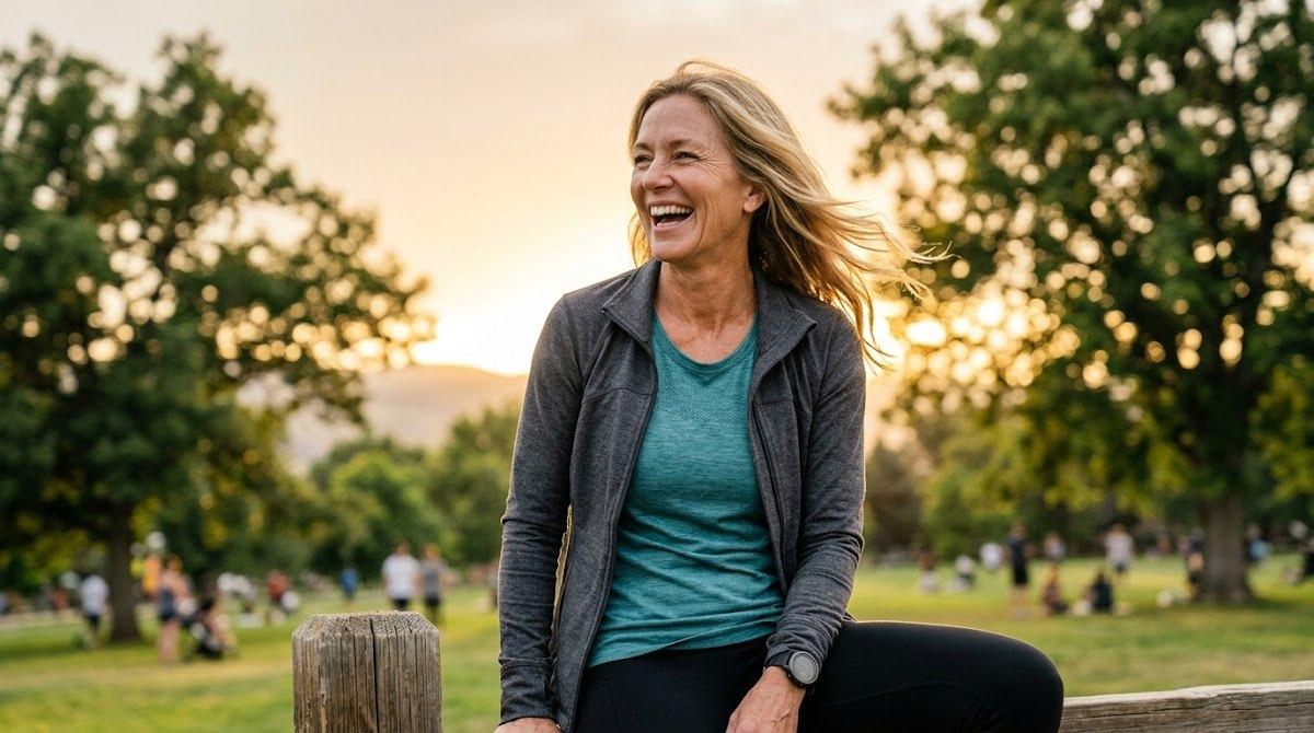 Active woman laughing naturally with rested facial appearance outdoors.