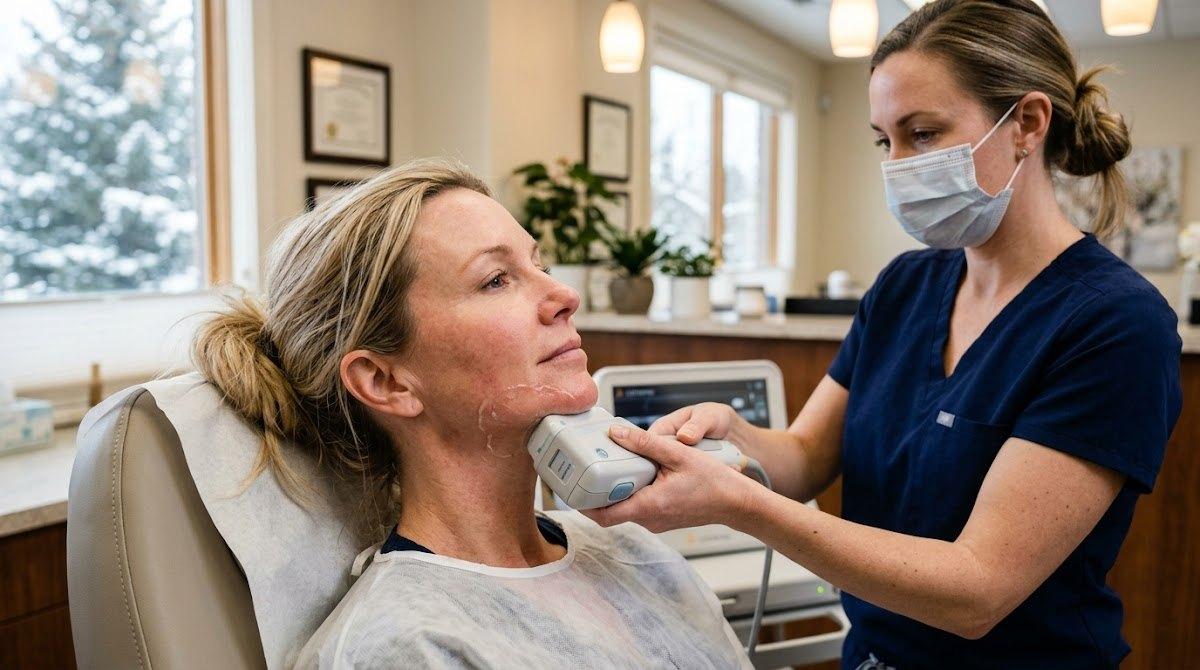 Woman undergoing Ulthera for facial lifting.
