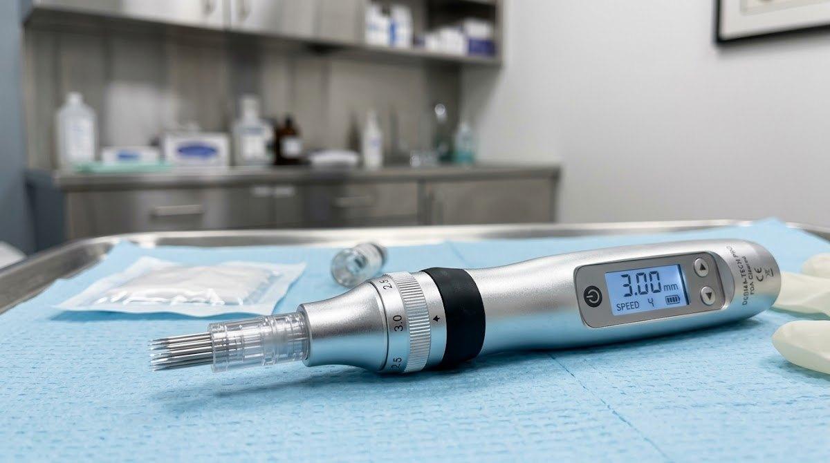 Detailed view of a sterile microneedling pen device on medical tray.