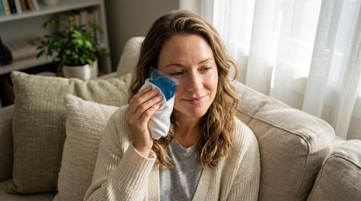 Woman relaxing at home while icing during recovery period.