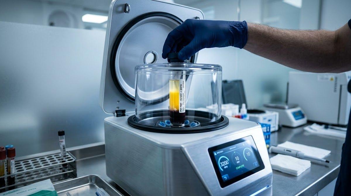 Close-up photo of a centrifuge preparing platelet-rich plasma from a blood sample in a clinic lab.