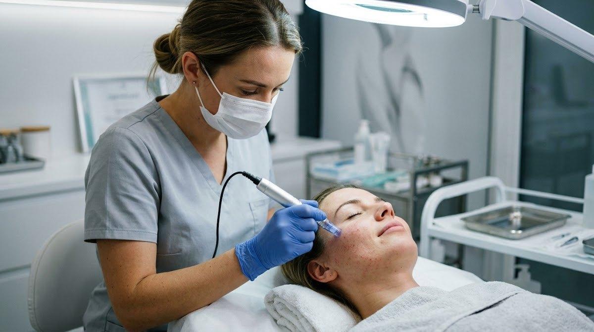 Esthetician performing microneedling treatment in a clinic setting.