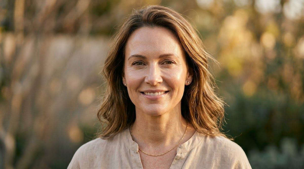 Portrait of a woman displaying subtle skin glow and rested appearance after one month.