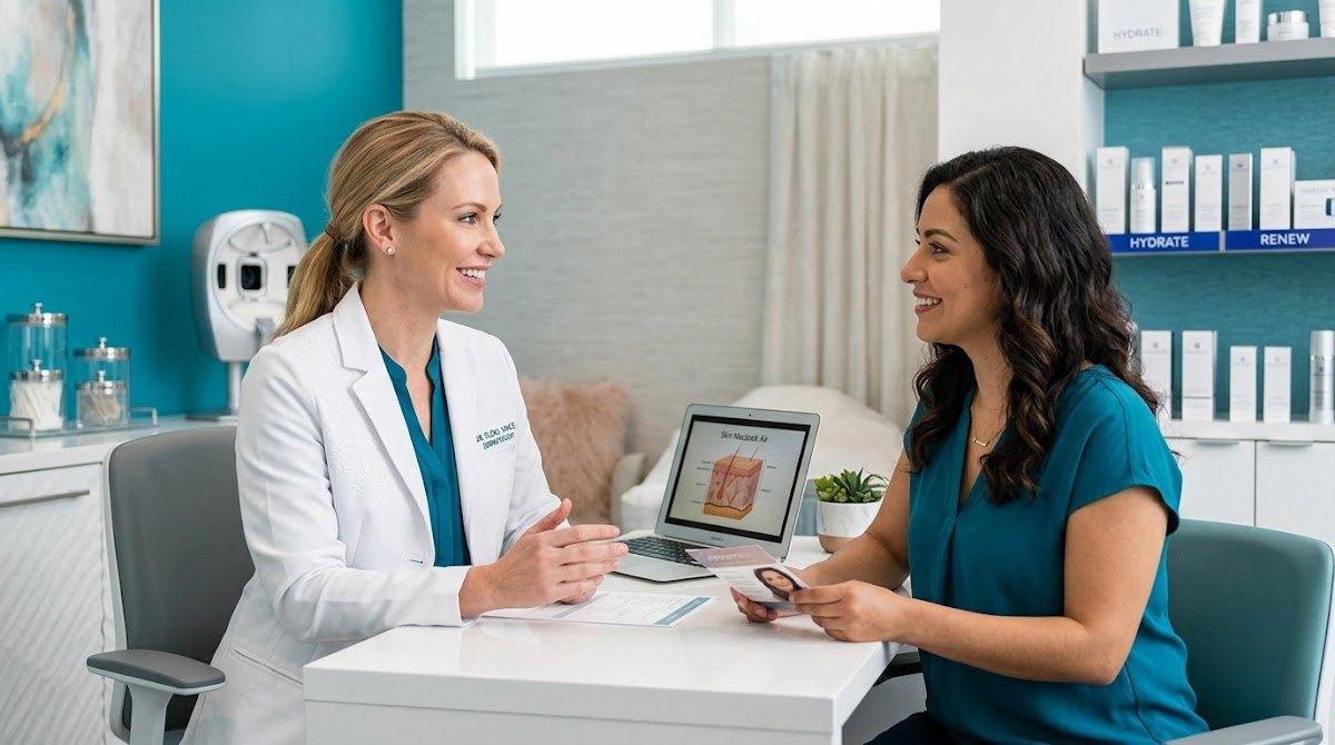 A female doctor in a white coat smiles while consulting with a patient in a modern medical spa.