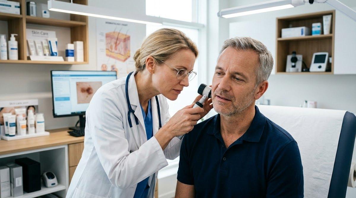 Dermatologist using dermatoscope to examine patient's skin in clinic.