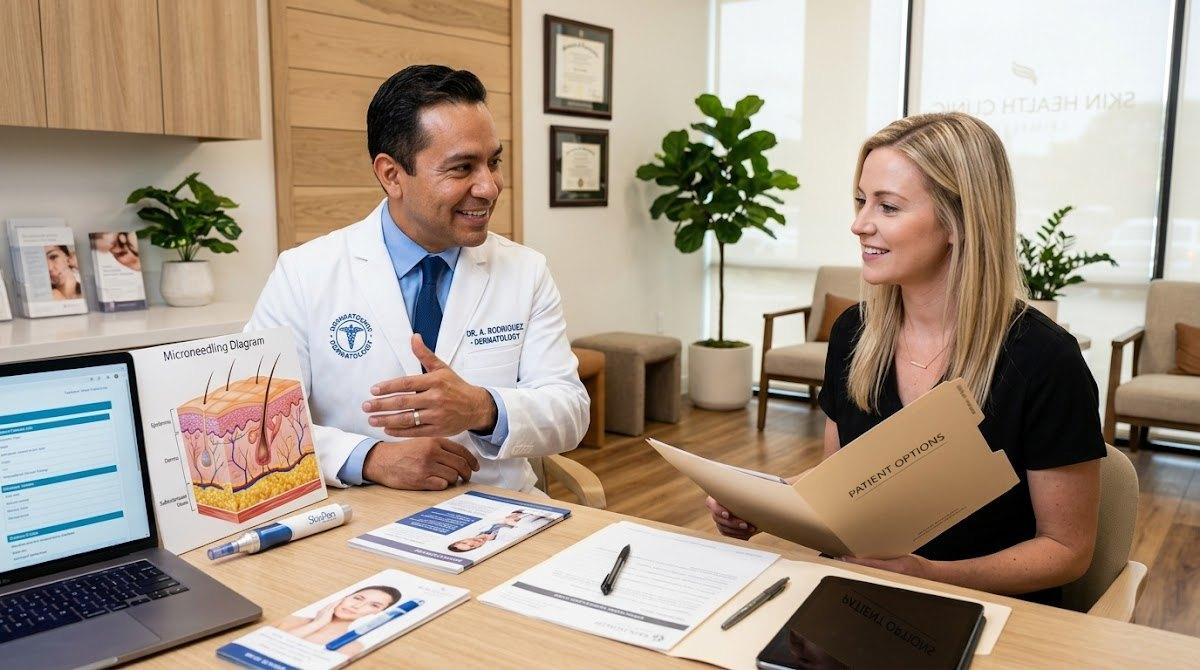 Dermatologist consulting patient on microneedling in professional office.