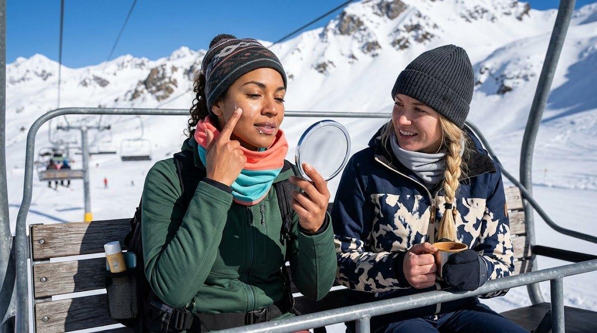 Two women on a ski lift applying protective sunscreen balm to their faces.