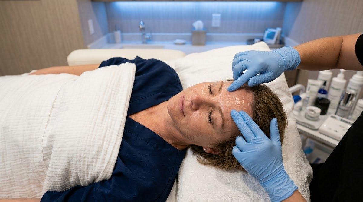 Bird's-eye professional photo of Dysport treatment on broad forehead area.