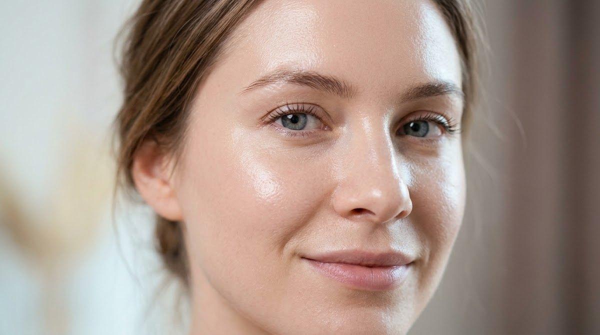 Close-up of glowing, hydrated woman's face post-HydraFacial treatment.