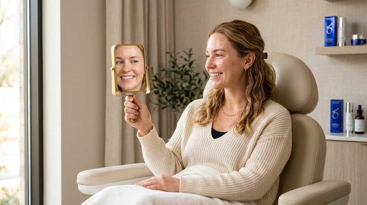 Woman happily checking her smoother brighter skin in a hand mirror.