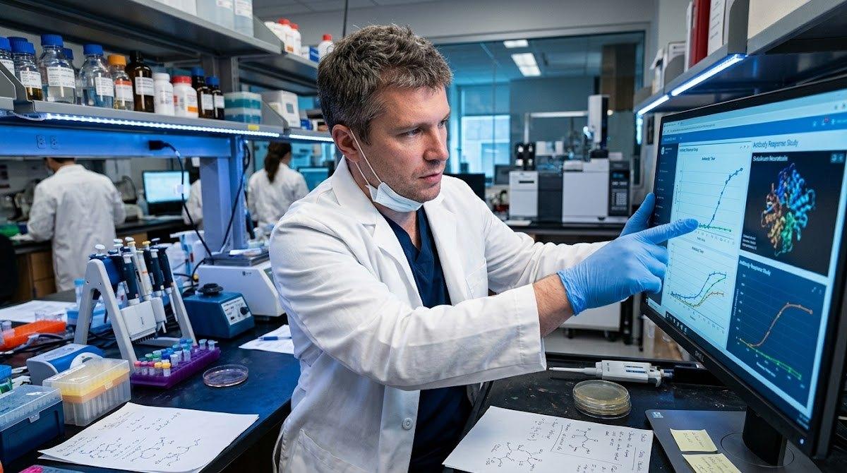 Researcher analyzing data on antibodies in a modern laboratory.