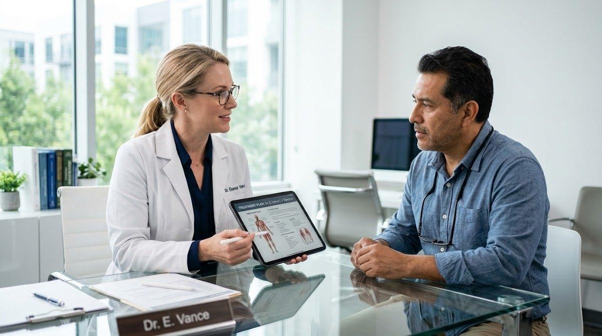 A female doctor and a male patient discuss a treatment plan in a modern clinic.