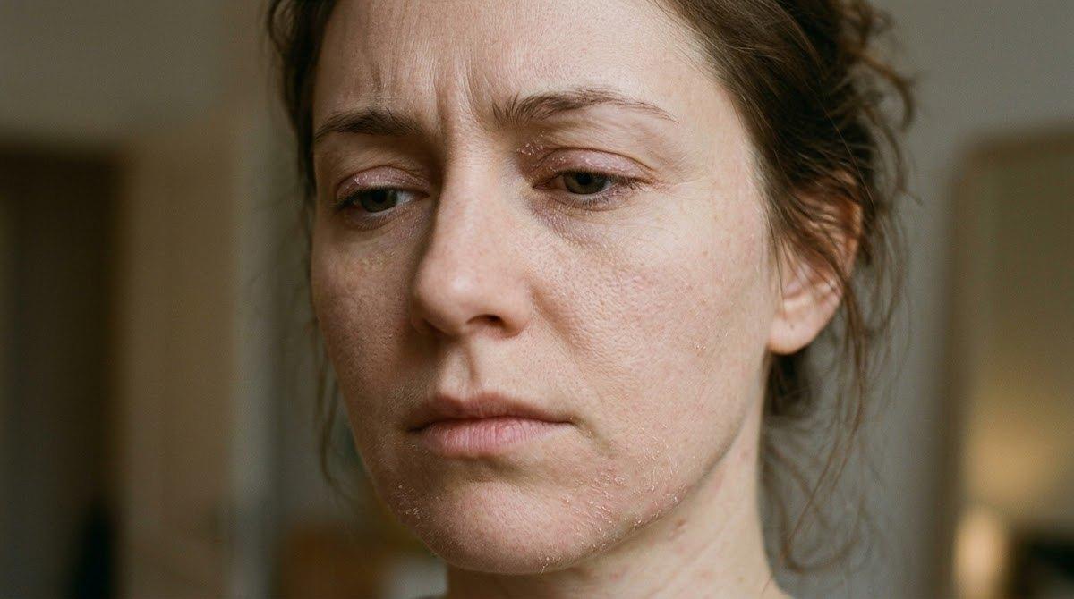 Close-up of facial skin showing tightness and barrier damage symptoms.