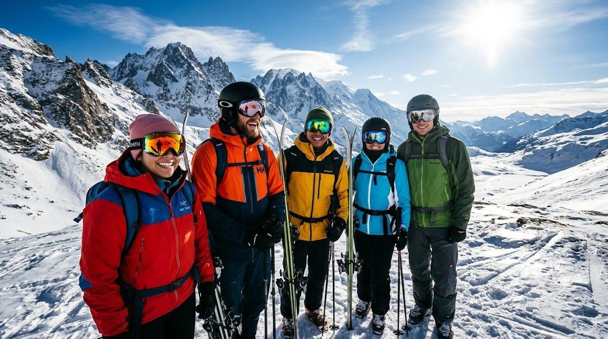 A group of skiers wearing winter gear and reflective goggles on a sunny slope.
