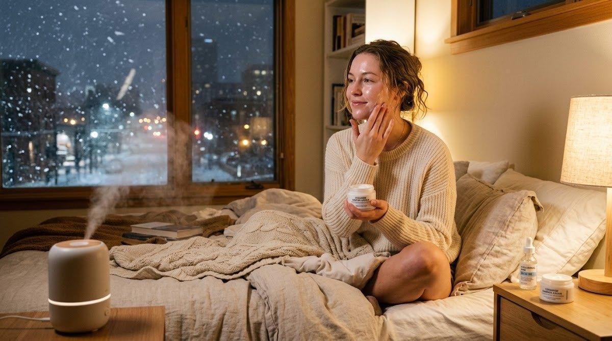 A woman uses a humidifier and moisturizer in a cozy winter bedroom.