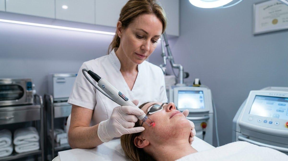 Caucasian patient receiving Moxi laser treatment in a clinic by a technician.