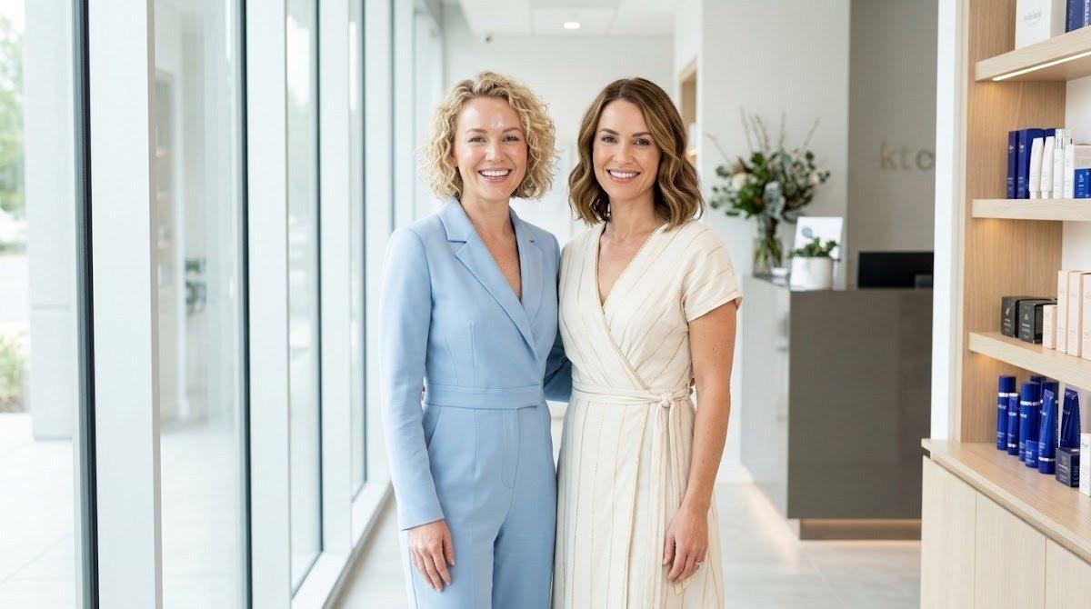 Two women displaying smooth, rejuvenated skin after complementary skincare treatments.