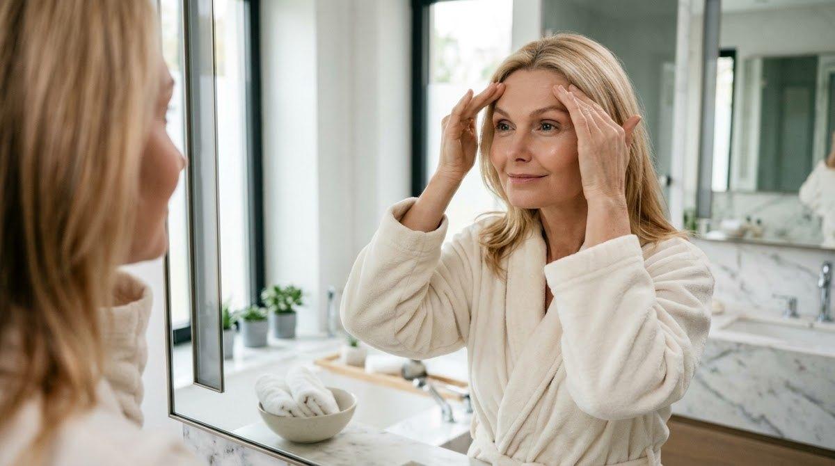 Woman performing gentle facial exercises in a modern bathroom mirror.