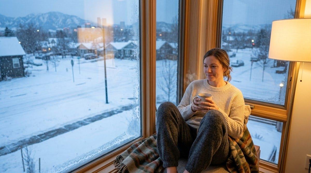 A woman relaxing indoors with a winter snowscape visible through the window.
