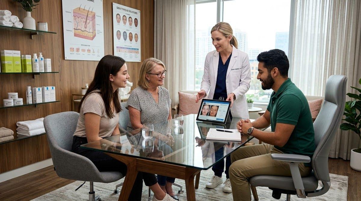Provider conducting detailed skincare consultation with group of patients.