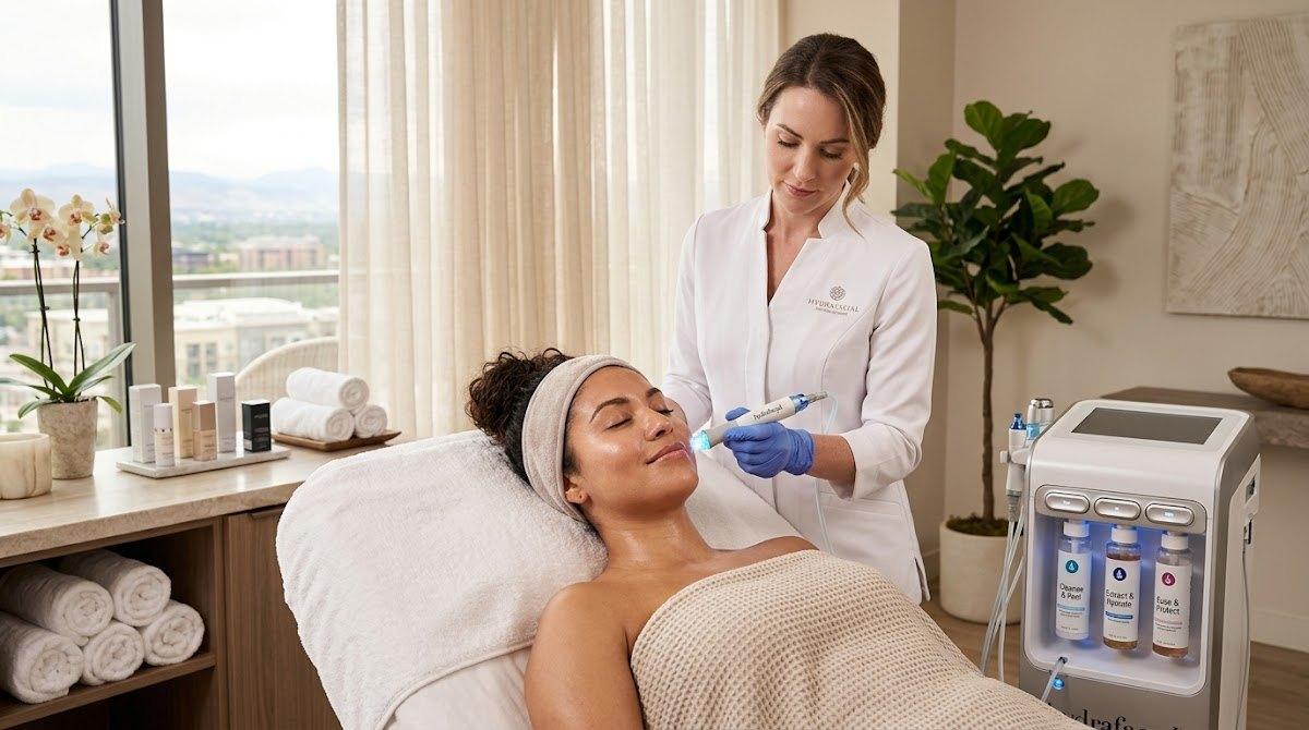 Esthetician gives Hydrafacial treatment in upscale spa setting.