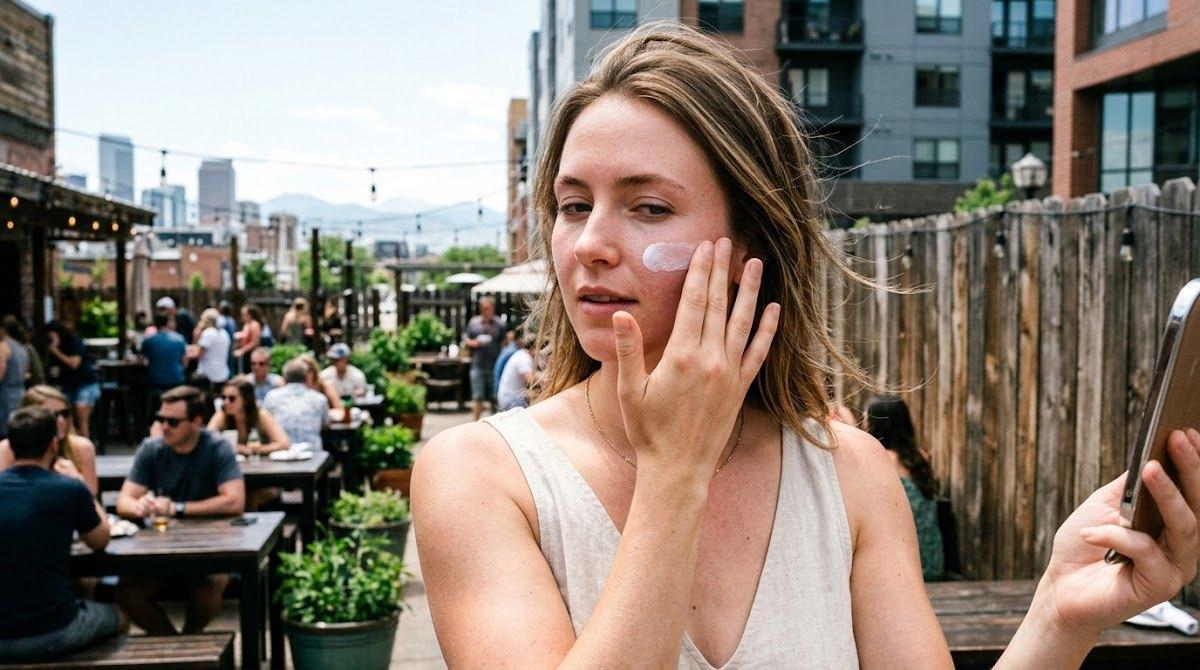 Woman reapplies sunscreen on a bright Denver patio day.