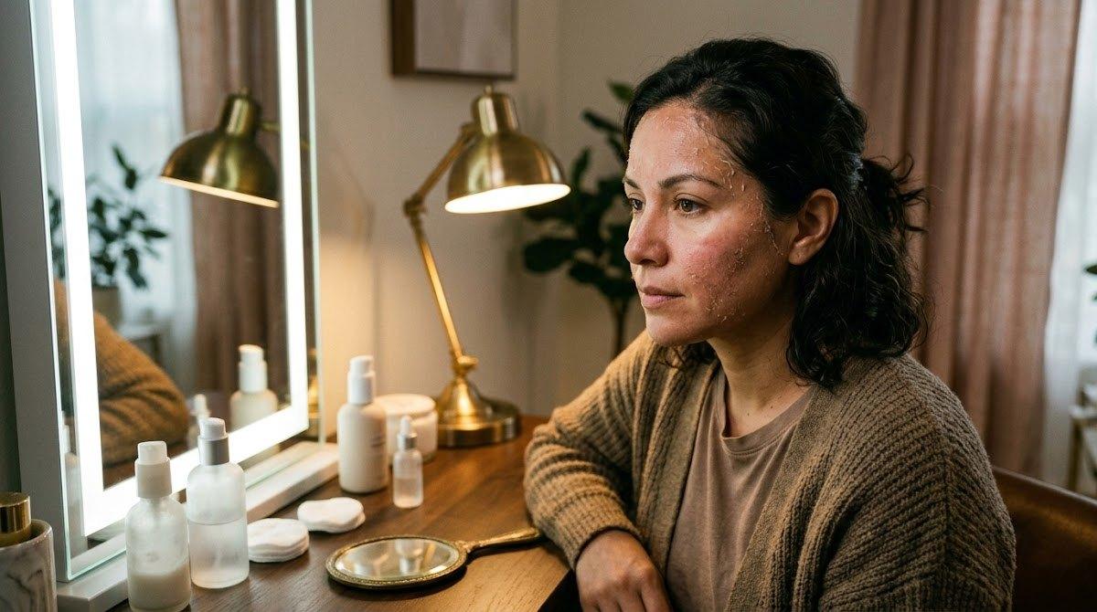 Woman with dry peeling skin texture during mid-recovery peeling phase.
