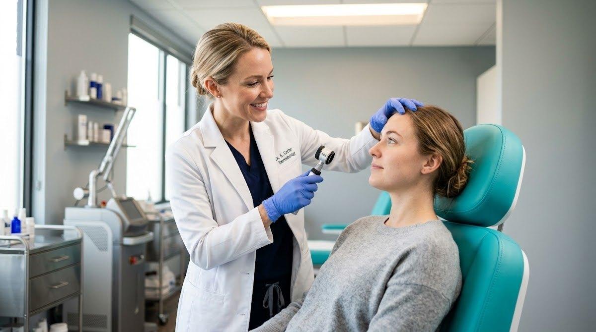 A medical professional in a white coat examining a patient's forehead in a modern clinic setting.