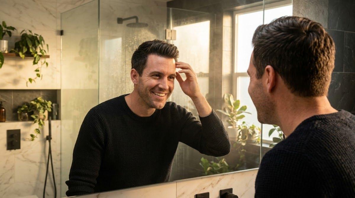 Man admiring his fuller, denser hair in the mirror after therapy.