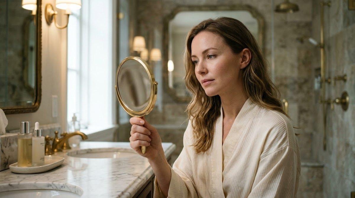 A woman thoughtfully examines her facial reflection in a small hand mirror.