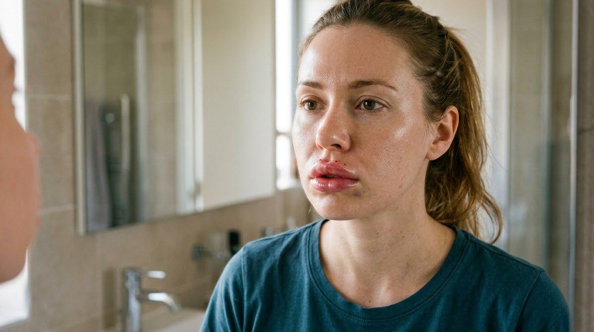 A woman examining her peak swollen lips in the mirror post-injection.