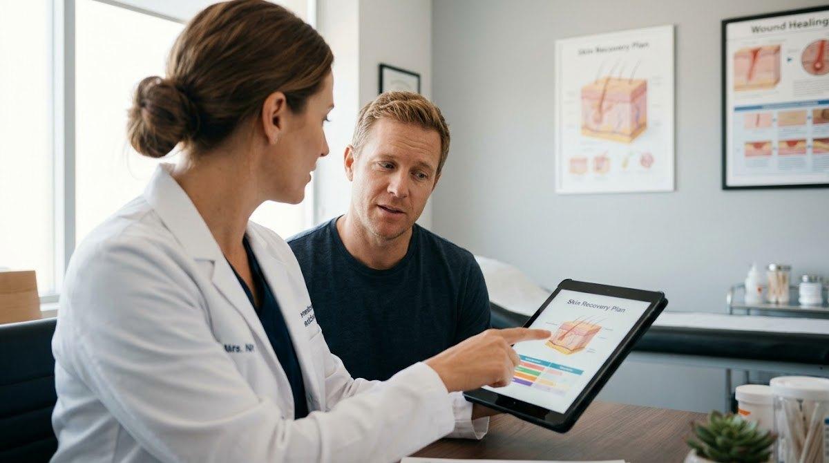 A medical professional in a white coat discusses a personalized skin care plan with a client.