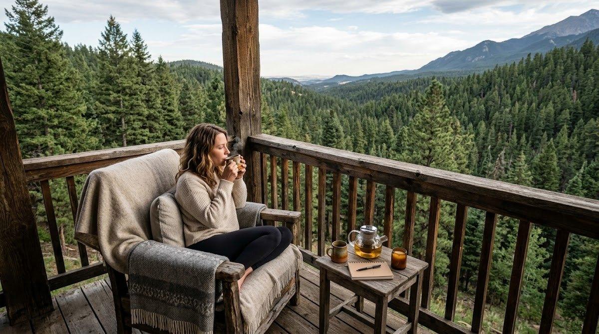 A person enjoys herbal tea on a rustic wooden balcony overlooking serene pine-covered foothills.