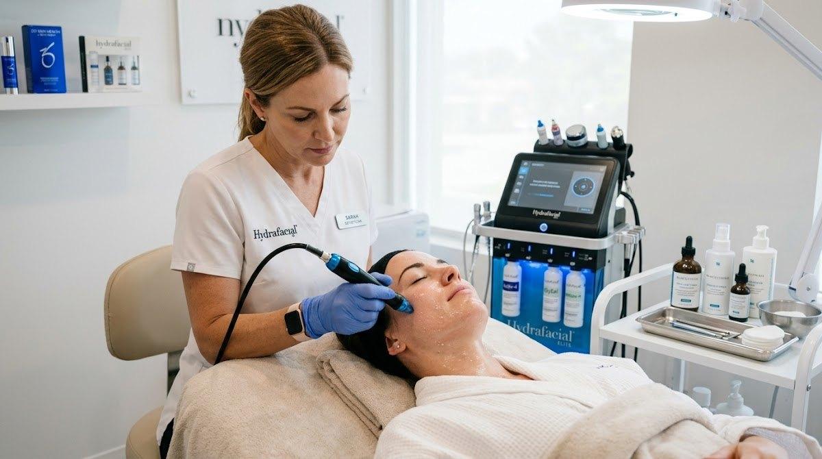 Esthetician performing HydraFacial procedure on a client using advanced device.