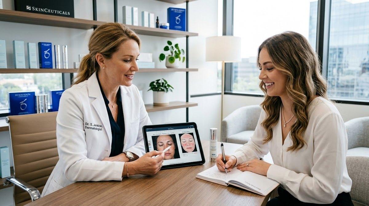 Dermatologist consulting bride on skin treatment plan.