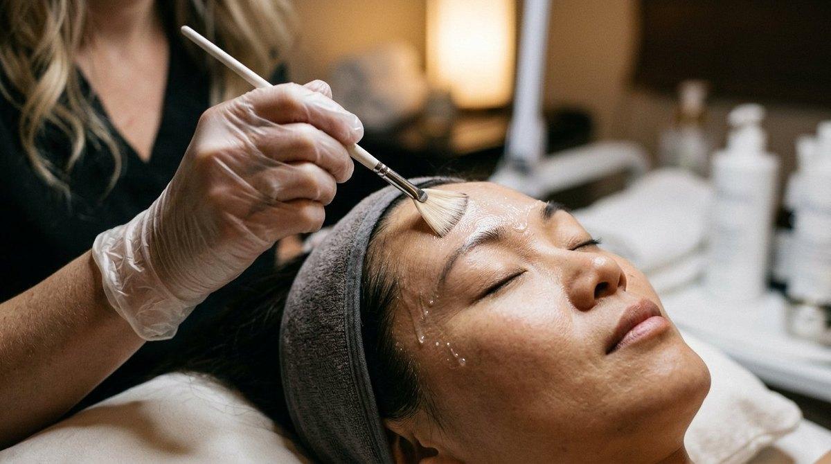 A nurse is applying the peel solution to the patient's face.